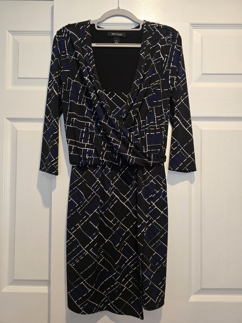 White House Black Market Black and Navy Geometric Wrap Dress